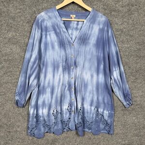 Reba Plus Size 2X Top Blouse Blue Tie Dye Cotton Peasant Buttons Embroidered